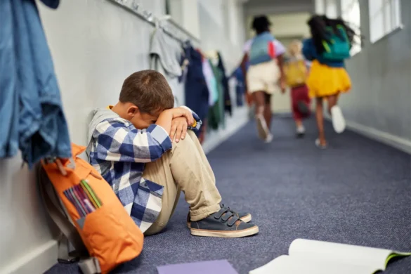 Sad boy sitting alone in school hallway, other children running past.
