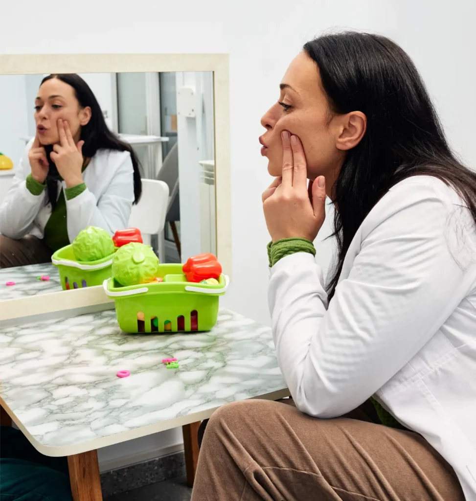 Speech therapist practising facial exercises with toy vegetables in a therapy session.