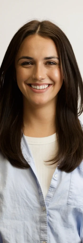 Woman with dark hair smiling widely, wearing a light blue collared shirt over a white ribbed top.