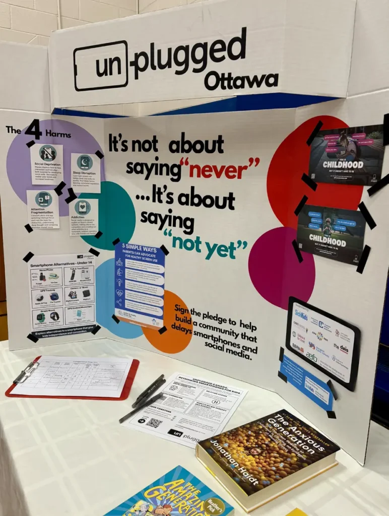 Unplugged Ottawa display board detailing the 4 harms of screen time and promoting delayed smartphone use.