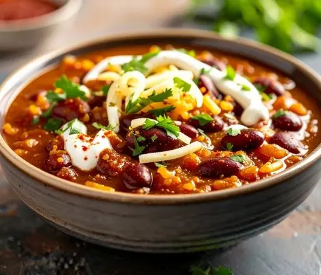 Bowl of hearty chili with kidney beans, shredded cheese, sour cream, and parsley garnish